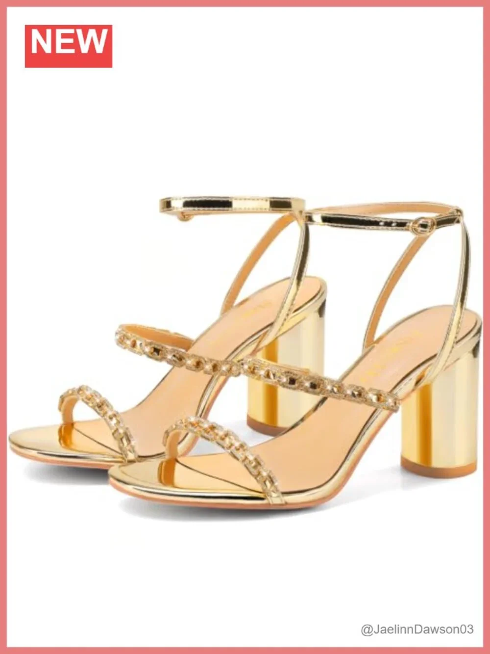 Women's Strappy Rhinestone Chain Heels Chunky Block Heel Sandals Round Open Toe